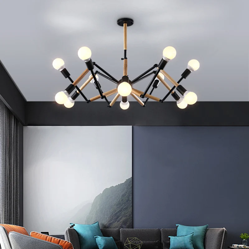 Minimalistisch Design Zwart en hout Spider kroonluchter Loft-stijl metalen woonkamer plafond hanglamp