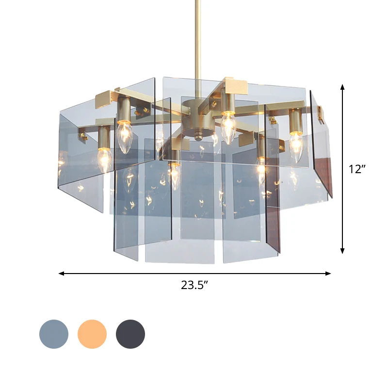 Moderne kroonluchterhanger met 6/8 lampen en fel acryl paneelkap bruin/amber/rookgrijs geometrische plafondlamp