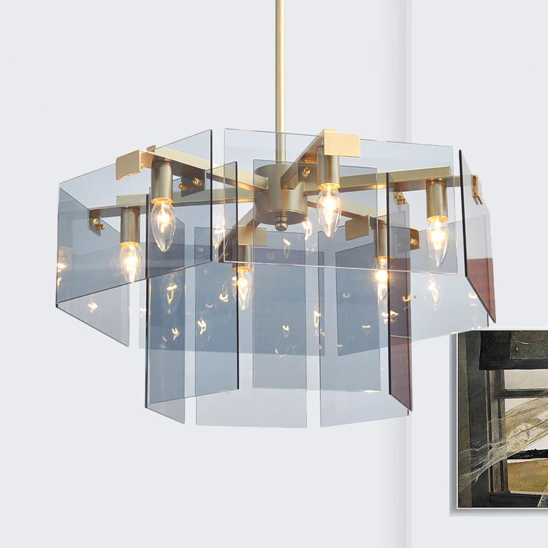 Moderne kroonluchterhanger met 6/8 lampen en fel acryl paneelkap bruin/amber/rookgrijs geometrische plafondlamp