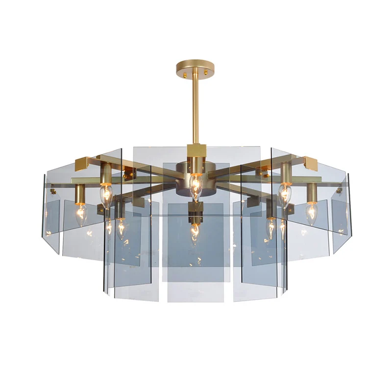 Moderne kroonluchterhanger met 6/8 lampen en fel acryl paneelkap bruin/amber/rookgrijs geometrische plafondlamp