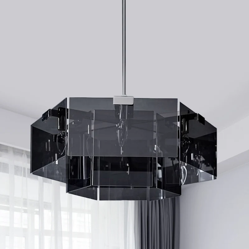 Moderne kroonluchterhanger met 6/8 lampen en fel acryl paneelkap bruin/amber/rookgrijs geometrische plafondlamp