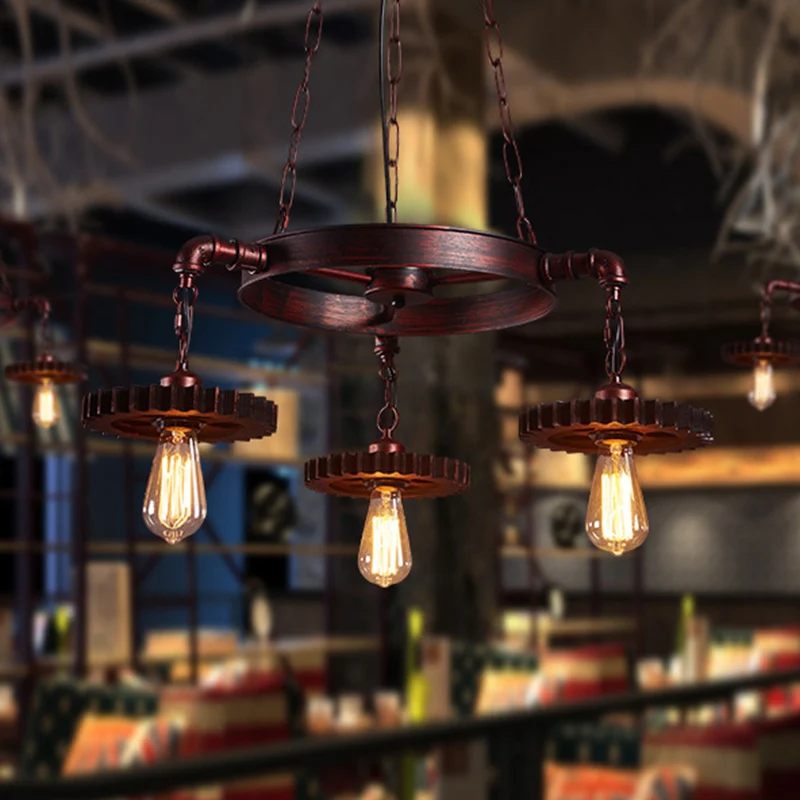 Moderne Plafond 3/5/7 Heads Blootgestelde Lamp Kroonluchter Zacht met Gear Deco Boerderijstijl Roest Metallic Plafondlamp...