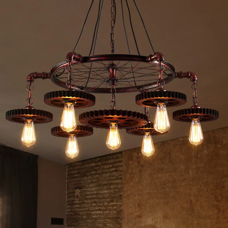 Moderne Plafond 3/5/7 Heads Blootgestelde Lamp Kroonluchter Zacht met Gear Deco Boerderijstijl Roest Metallic Plafondlamp...