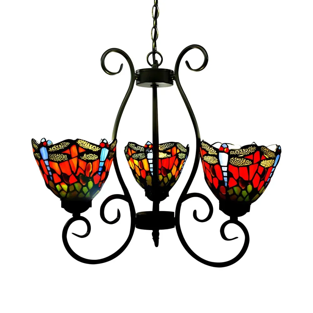 Moderne Plafond 3-lichts Dragonfly kroonluchter zacht glas--lood loft hanglamp rood/blauw voor woonkamer