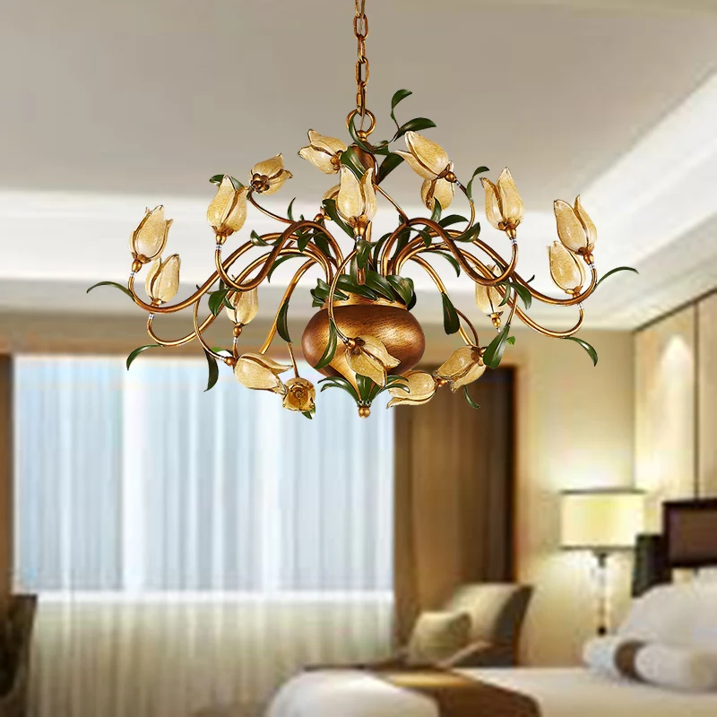 Pastorale Tulp Kroonluchter Verlichtingsarmatuur 12/20/30 Lampen Metalen LED Hangende Plafondlamp Messing voor Woonkamer -...