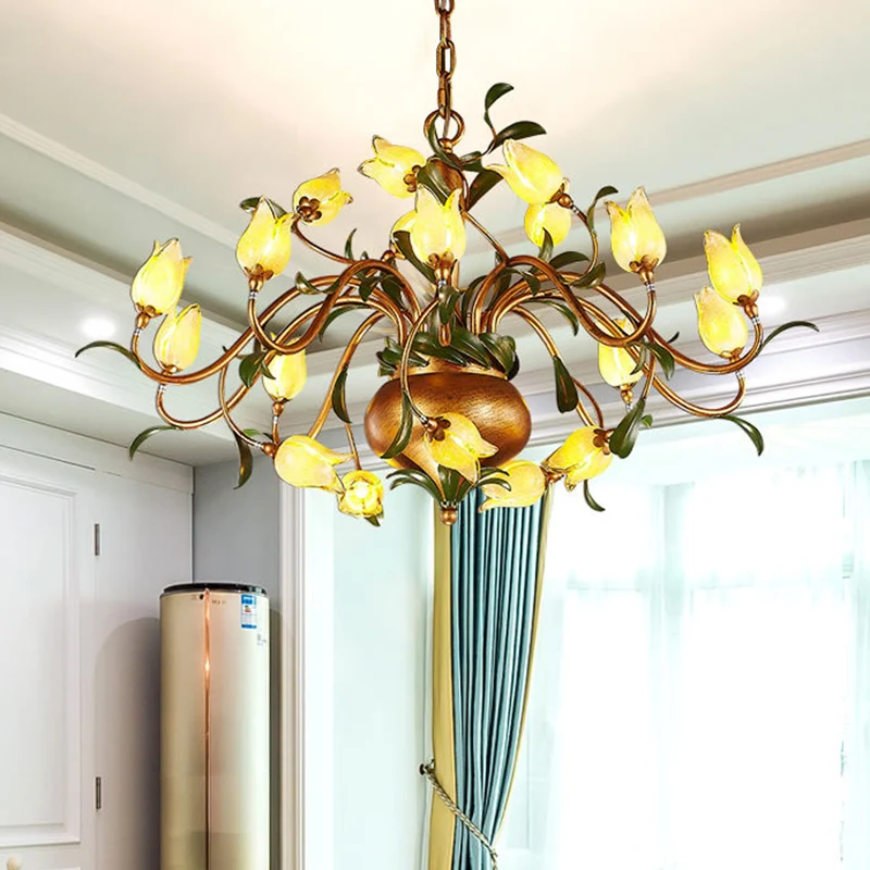Pastorale Tulp Kroonluchter Verlichtingsarmatuur 12/20/30 Lampen Metalen LED Hangende Plafondlamp Messing voor Woonkamer -...