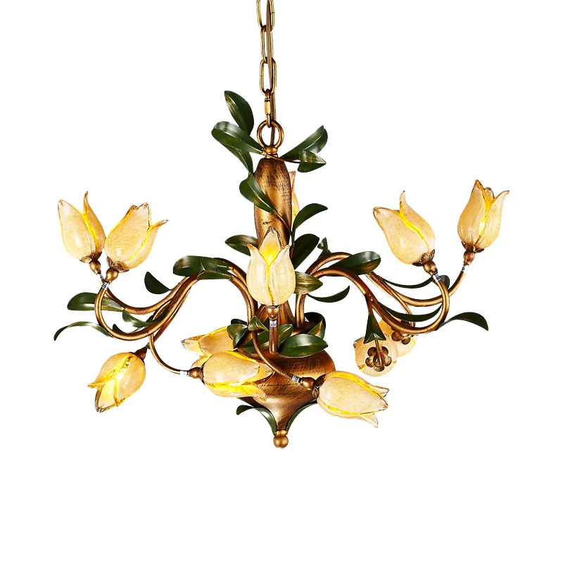 Pastorale Tulp Kroonluchter Verlichtingsarmatuur 12/20/30 Lampen Metalen LED Hangende Plafondlamp Messing voor Woonkamer -...
