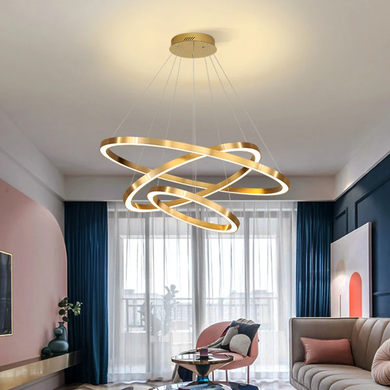 Postmoderne LED-hanglamp, gepolijst messing, 2/3/4 gelaagde ronde kroonluchter met acrylkap voor Woonkamer