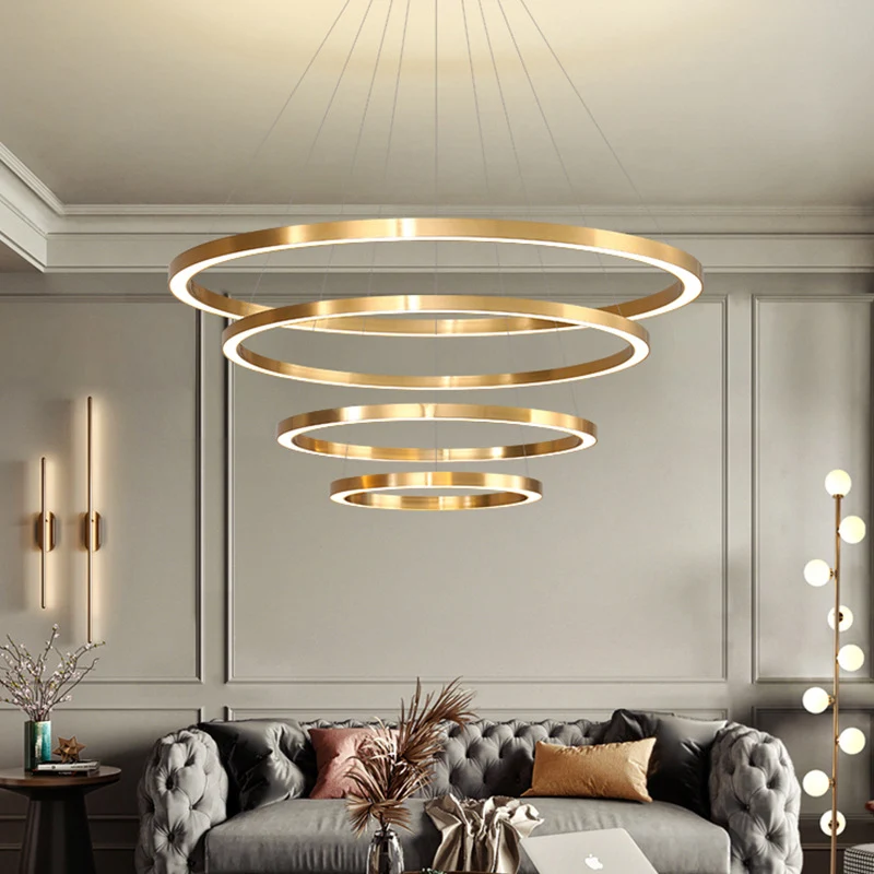 Postmoderne LED-hanglamp, gepolijst messing, 2/3/4 gelaagde ronde kroonluchter met acrylkap voor Woonkamer