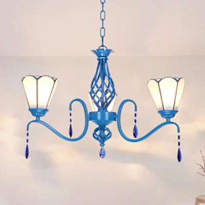Premium LED Country Cone Kroonluchter Glas--lood 3-lichts plafondarmatuur met kristal blauwe afwerking voor woonkamer