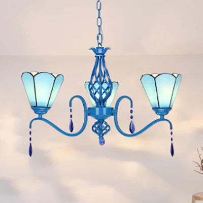 Premium LED Country Cone Kroonluchter Glas--lood 3-lichts plafondarmatuur met kristal blauwe afwerking voor woonkamer