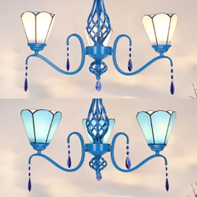 Premium LED Country Cone Kroonluchter Glas--lood 3-lichts plafondarmatuur met kristal blauwe afwerking voor woonkamer