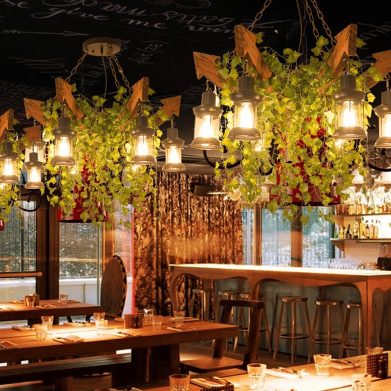 Roze/Groen 6 Hoofden Houten Pijl Kroonluchter Lichtpunt Antieke Bloem/Plant Hanglamp met Kerosine Schitterend Glazen Kap