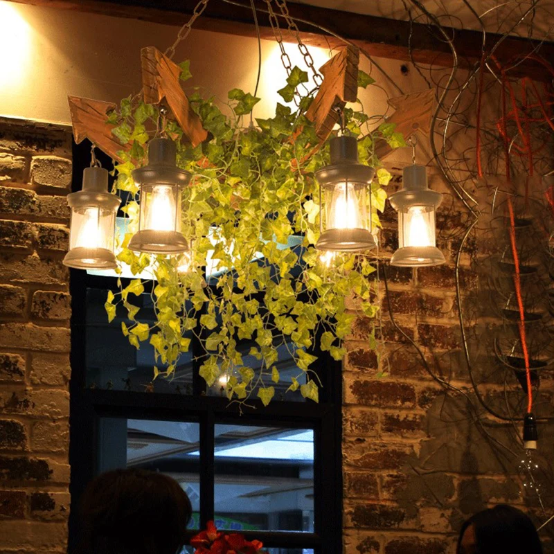 Roze/Groen 6 Hoofden Houten Pijl Kroonluchter Lichtpunt Antieke Bloem/Plant Hanglamp met Kerosine Fel Glazen Kap
