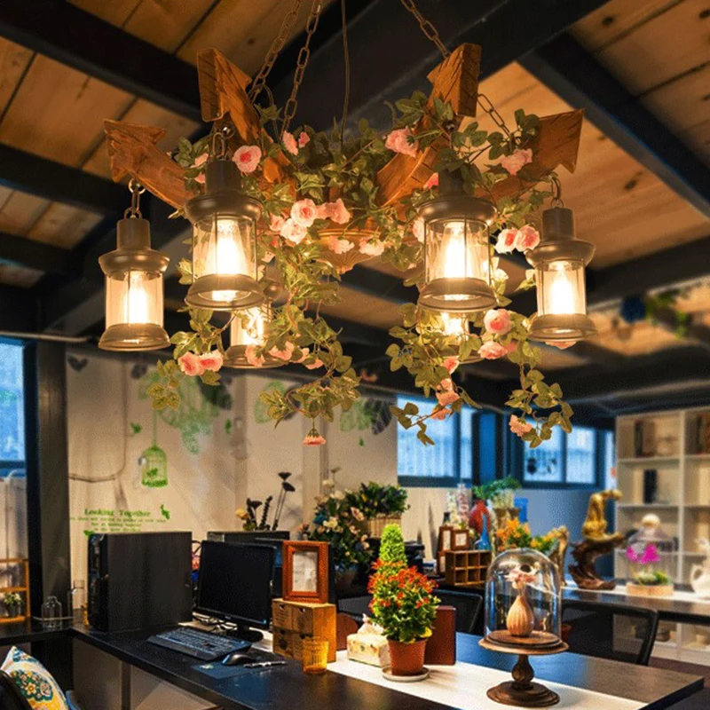 Roze/Groen 6 Hoofden Houten Pijl Kroonluchter Lichtpunt Antieke Bloem/Plant Hanglamp met Kerosine Fel Glazen Kap