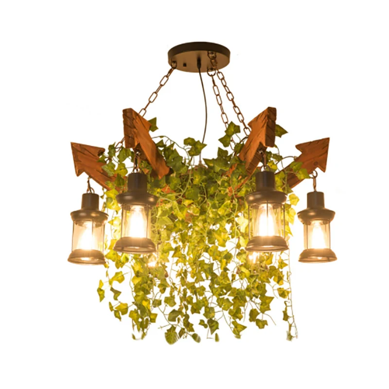 Roze/Groen 6 Hoofden Houten Pijl Kroonluchter Lichtpunt Antieke Bloem/Plant Hanglamp met Kerosine Fel Glazen Kap