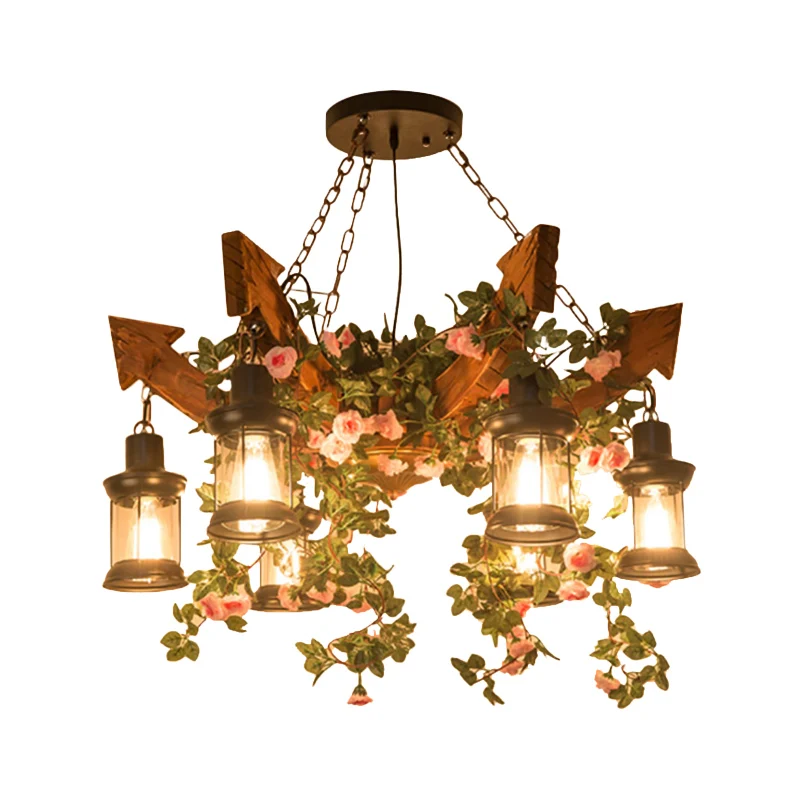 Roze/Groen 6 Hoofden Houten Pijl Kroonluchter Lichtpunt Antieke Bloem/Plant Hanglamp met Kerosine Fel Glazen Kap