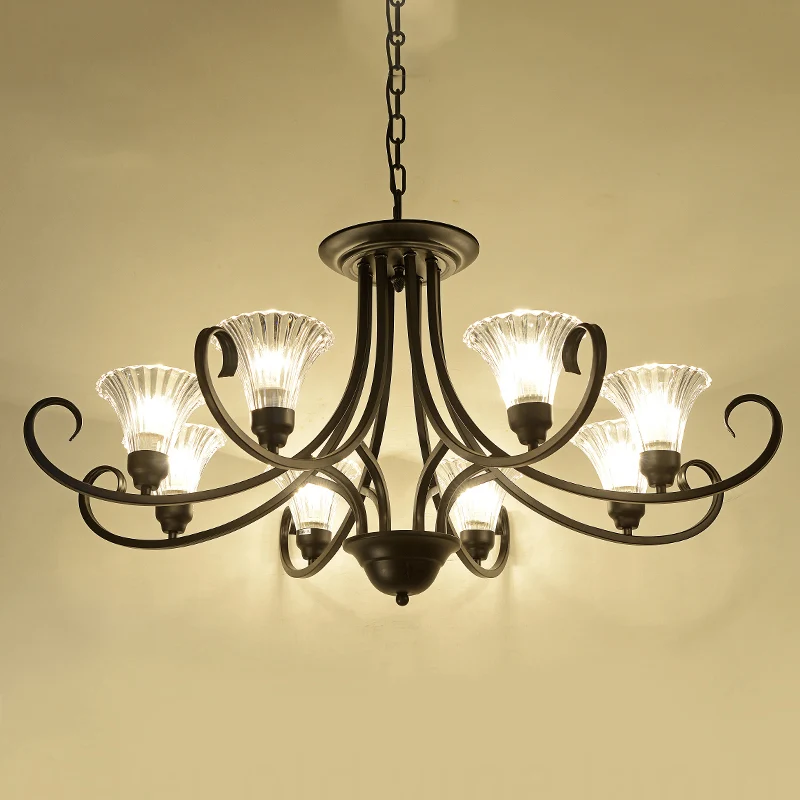 Schitterend geribbelde glazen uitlopende kroonluchter, retro salonplafondhanglamp met gedraaide arm zwart