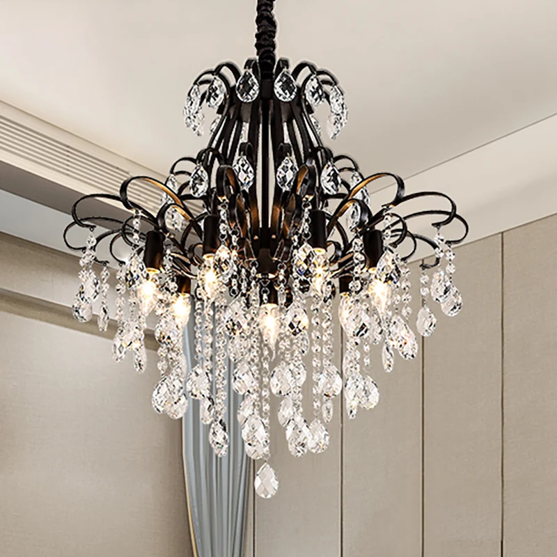 Teardrop kristallen kroonluchter licht oud 3/7 lichts zwart plafond hangend armatuur met gebogen armen