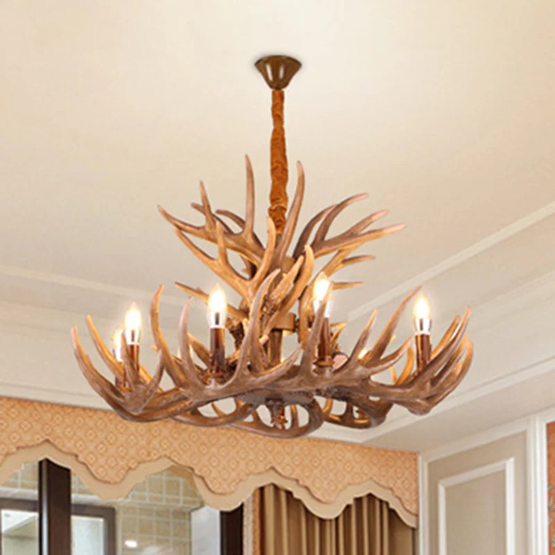 Track Verlichting Bruine hertenhoorn plafondverlichting Traditionele hars woonkamer kroonluchter lichtarmatuur