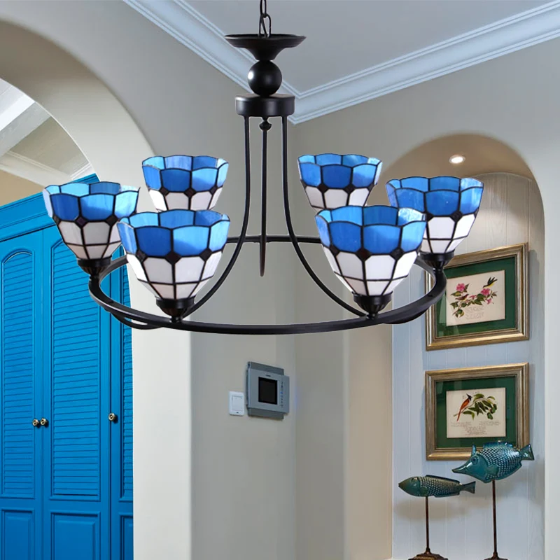 Track Verlichting Metalen ring hanglamp met roosterkom 6/8 lampen Tiffany klassieke kroonluchter blauw en wit