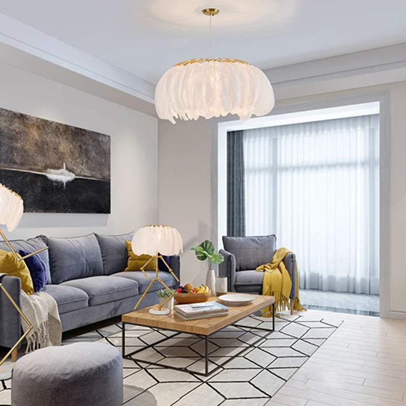 Track Verlichting Ronde kroonluchter Nordic Feather slaapkamer plafond hanglamp met Firefly LED-snaar