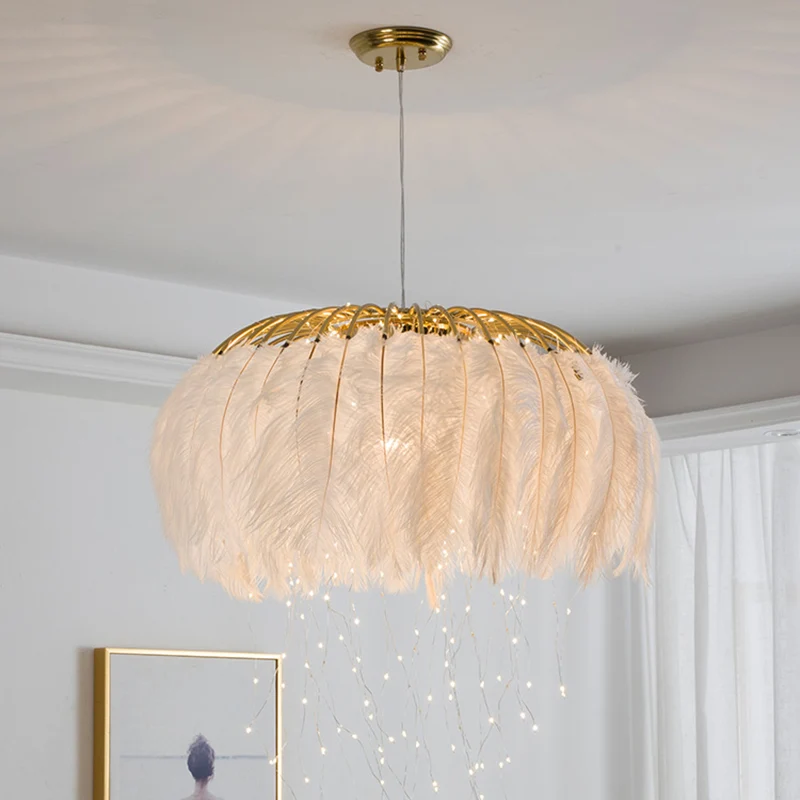 Track Verlichting Ronde kroonluchter Nordic Feather slaapkamer plafond hanglamp met Firefly LED-snaar