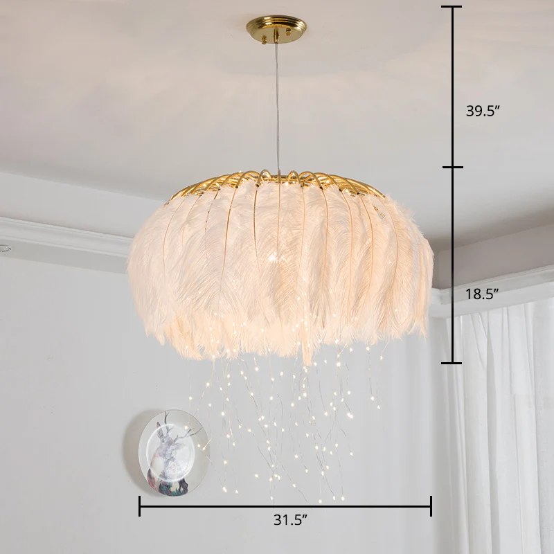 Track Verlichting Ronde kroonluchter Nordic Feather slaapkamer plafond hanglamp met Firefly LED-snaar