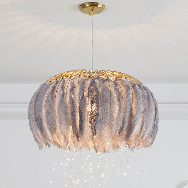 Track Verlichting Ronde kroonluchter Nordic Feather slaapkamer plafond hanglamp met Firefly LED-snaar