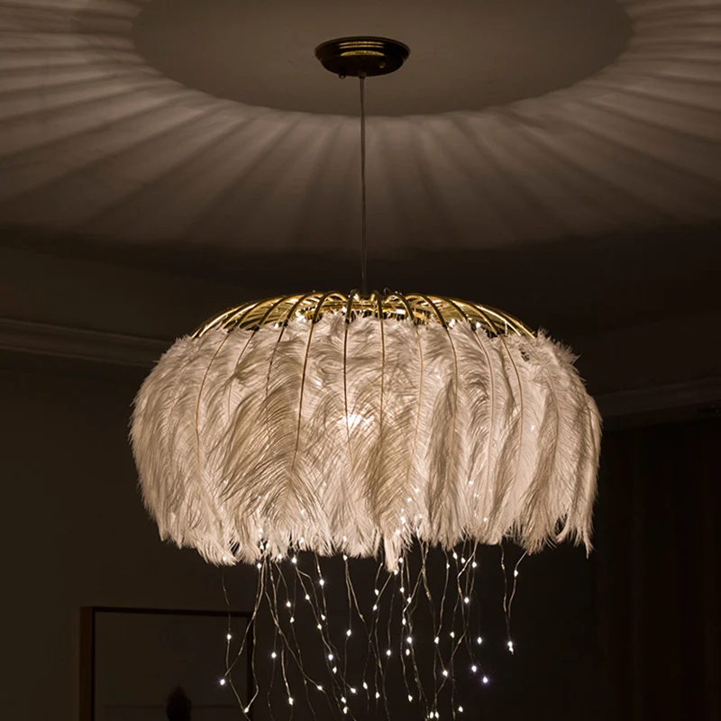 Track Verlichting Ronde kroonluchter Nordic Feather slaapkamer plafond hanglamp met Firefly LED-snaar