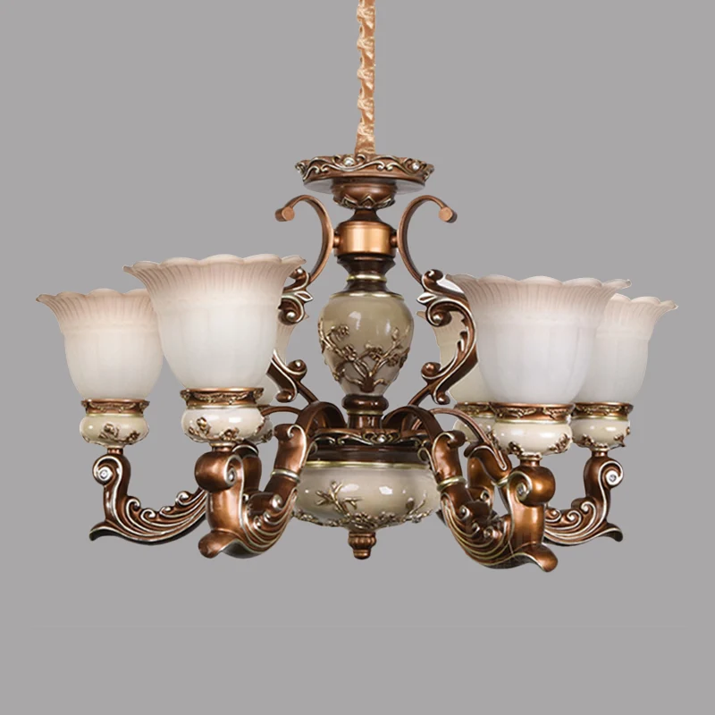 Vlakke Inbouw Bruine 6/8 hoofden plafondkroonluchter traditionele stijl melkachtig glas bloemvormige hangende hanger