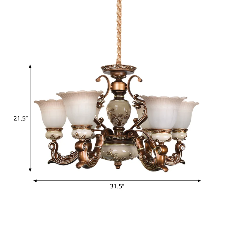 Vlakke Inbouw Bruine 6/8 hoofden plafondkroonluchter traditionele stijl melkachtig glas bloemvormige hangende hanger