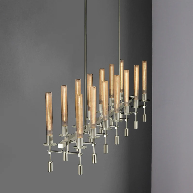 Zwart/Messing/Nikkel Buis Eiland Kroonluchter Post Modern Multi- Lights Gecanneleerd Glas Led Hanglamp Armatuur met Lineai...