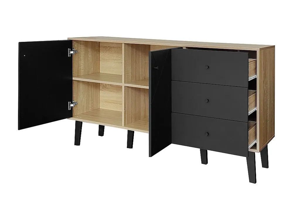 Laag dressoir - 2 deuren met verstelbare planken en 3 lades - Zwart RVS | Roestvrij