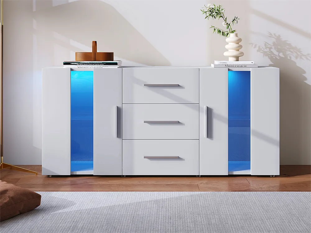 Laag dressoir met LED - 2 deuren 3 lades - verstelbare planken - Wit Heavy Duty | Industrieel