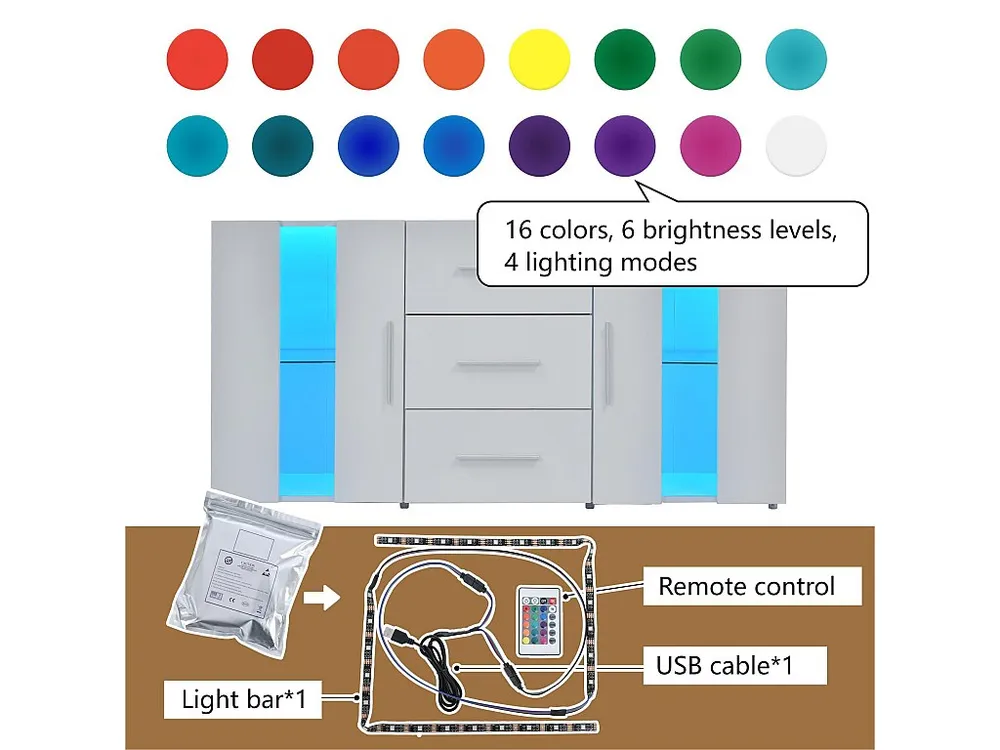 Laag dressoir met LED - 2 deuren 3 lades - verstelbare planken - Wit Heavy Duty | Industrieel