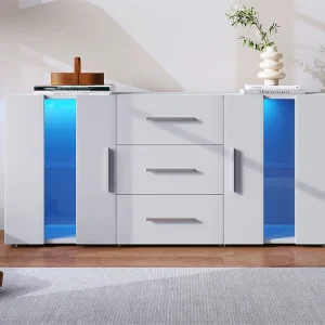Laag dressoir met LED - 2 deuren 3 lades - verstelbare planken - Wit Heavy Duty | Industrieel