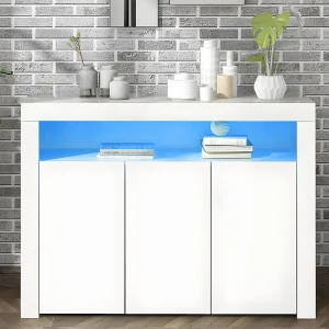 Moserne laag dressoir - Glanzend wit bijzetmeubel met LED-verlichting en afstandsbediening - Wit met Garantie