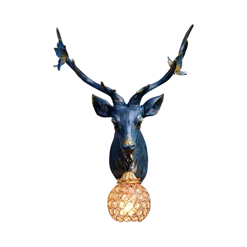 Hertenkop hars schans helder vintage enkele lamp binnen wandgemonteerde lamp blauw/wit/hout met globe kristallen kap