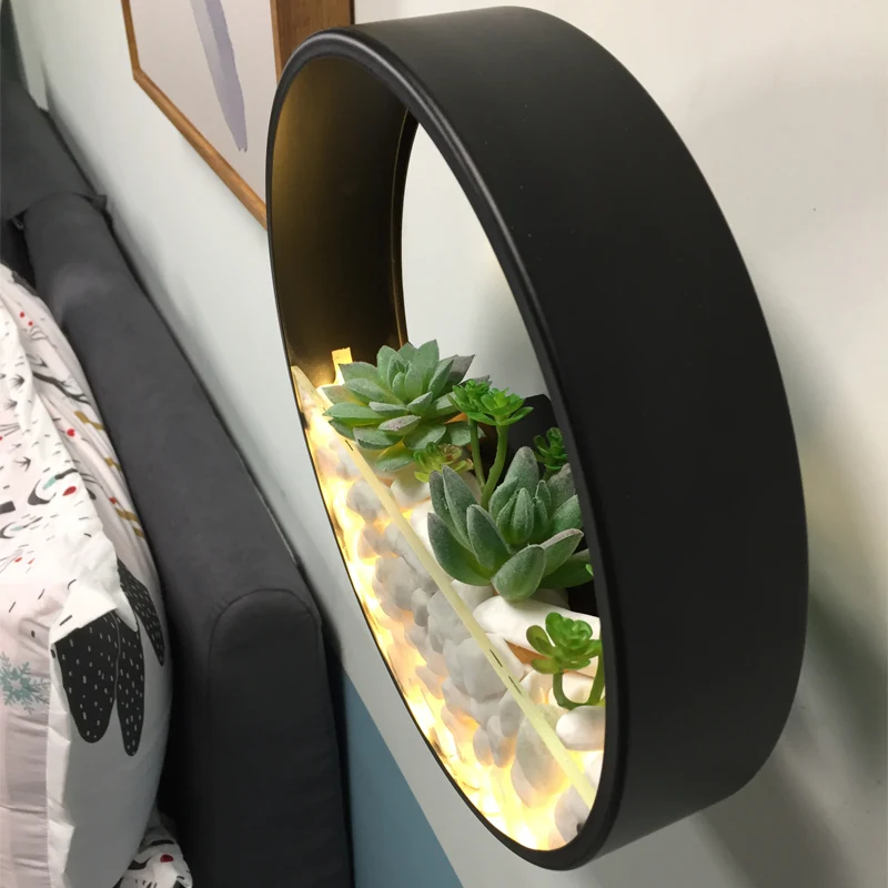 Lusvormige wandkandelaar, decoratieve metalen slaapkamer LED-wandlamp met nep-vetplanten en kiezelstenen | Snel Leverbaar