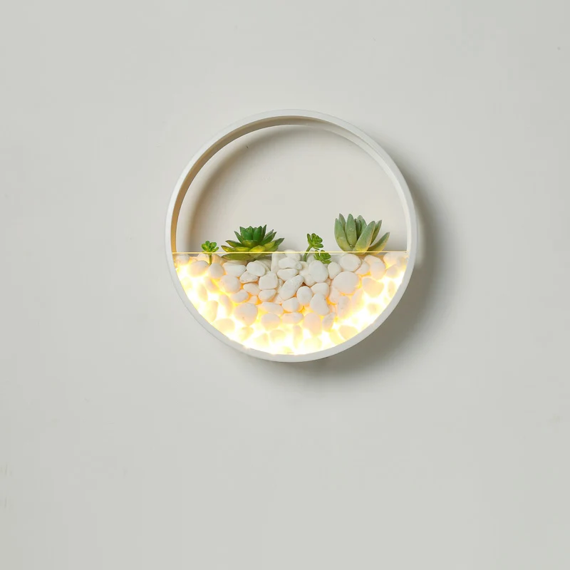 Lusvormige wandkandelaar, decoratieve metalen slaapkamer LED-wandlamp met nep-vetplanten en kiezelstenen | Snel Leverbaar