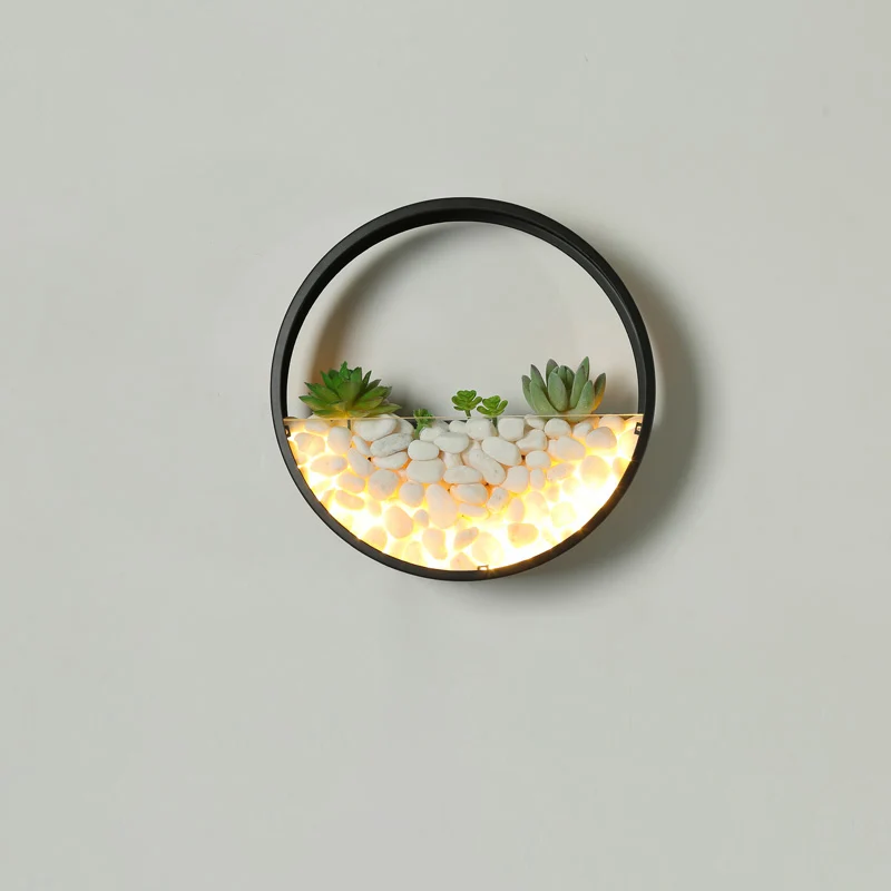 Lusvormige wandkandelaar, decoratieve metalen slaapkamer LED-wandlamp met nep-vetplanten en kiezelstenen | Snel Leverbaar