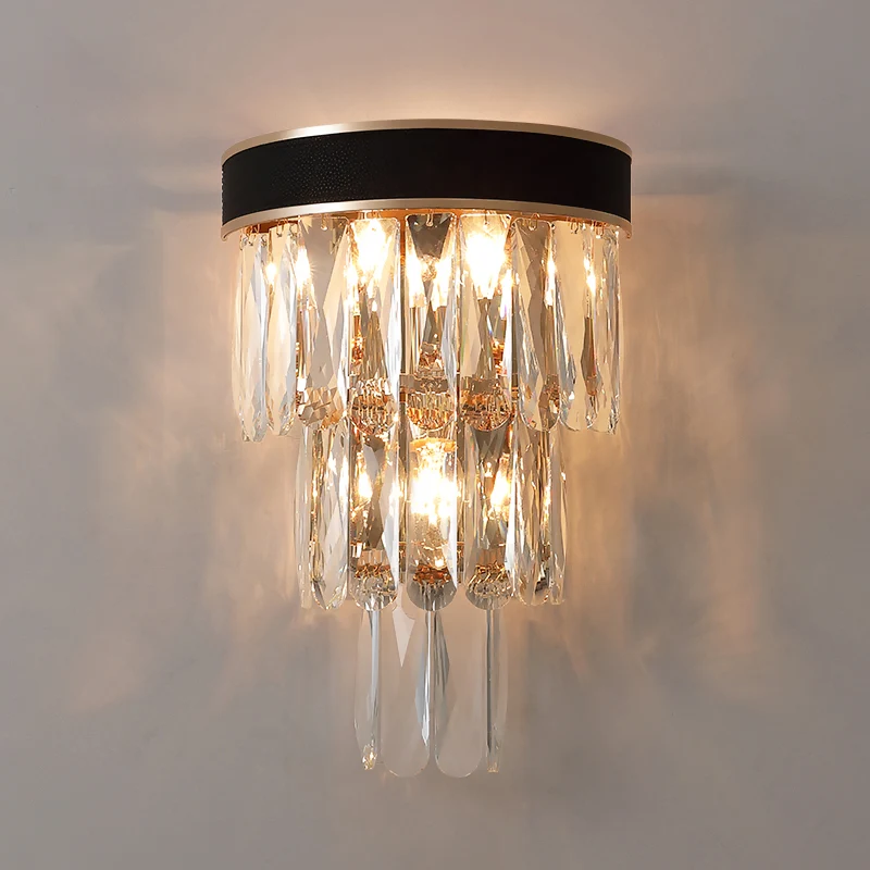 Minimalistische 3-lamps verzonken wandkandelaar, zwarte 3-laags wandverlichting met kristallen kap | Snel Leverbaar