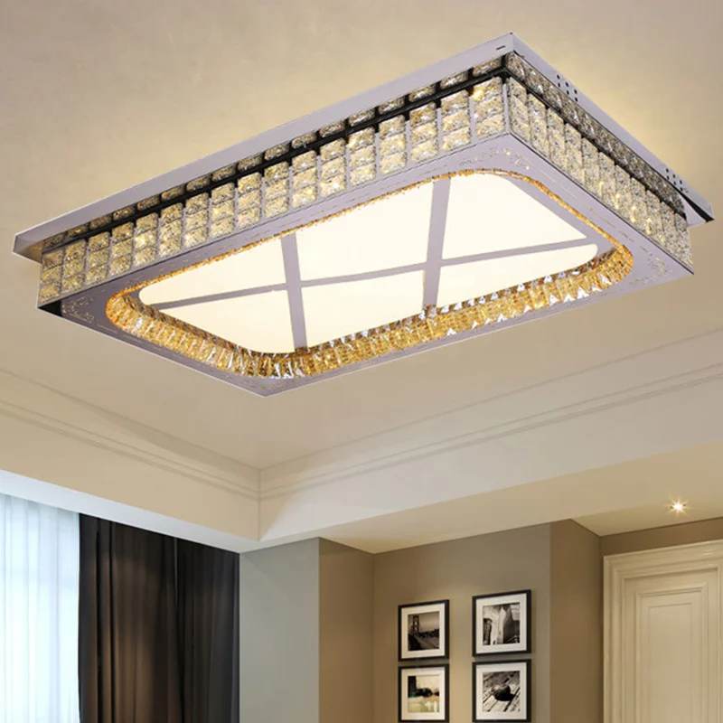 Woonkamer LED-plafondlamp Scandinavisch roestvrijstalen inbouwarmatuur met rechthoekige, heldere kristallen kap - Incl. Ga...