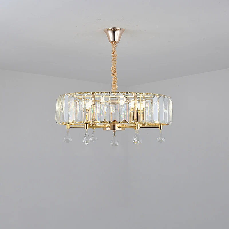 Eigentijdse ronde hangende kroonluchter 6/8 koppen kristallen hangende plafondlamp goud met druppel voor Binnen en Buiten