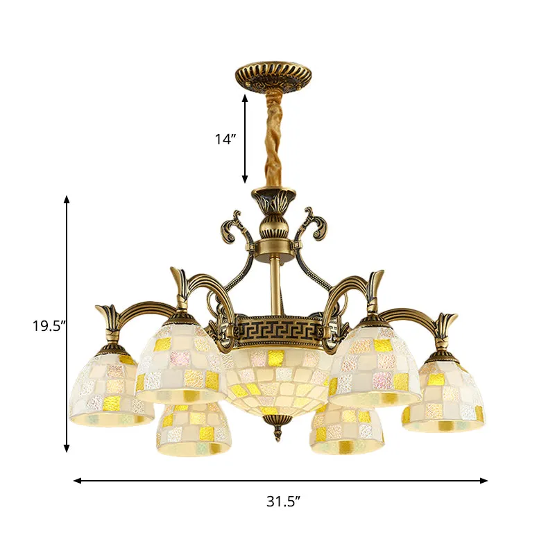 Energiezuinige Koepelkroonluchter met 6/8 lichtpunten en mozaïekontwerp van witte Tiffany-hanglamp verouderd messing