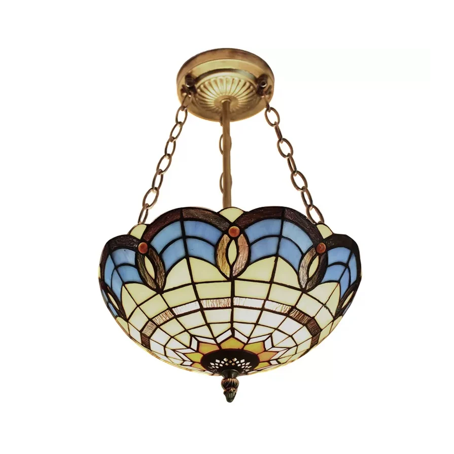 Energiezuinige Plafondlamp van gebrandschilderd glas voor slaapkamer met ketting, kom, semi-inbouwverlichting, barokke stijl
