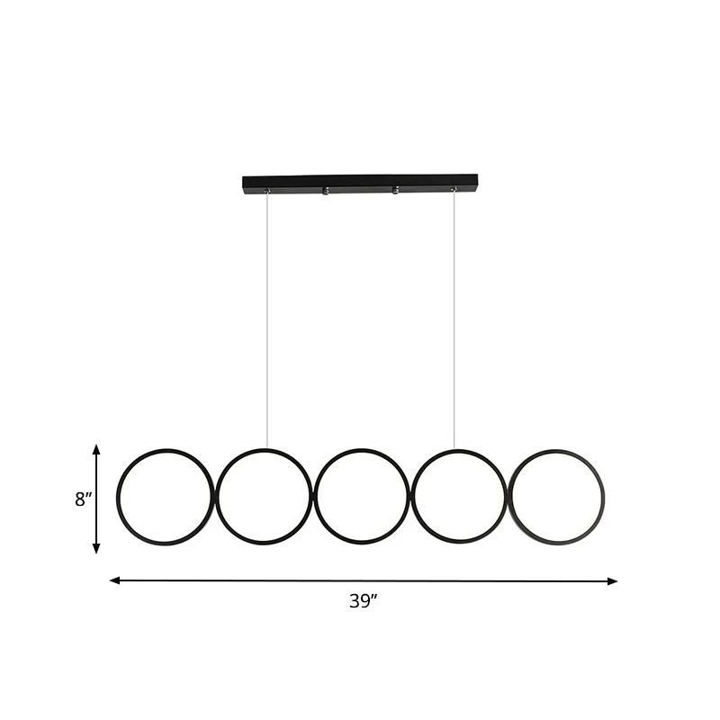 Zwart hangend eilandlicht met 5 ringen Eenvoudige metalen LED-plafondhanger boven tafel, warm/wit helder