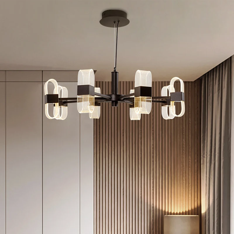 Langwerpige hanglampset Nordic metallic 6/8 koppen zwarte kroonluchterverlichting voor woonkamer | Snel Leverbaar
