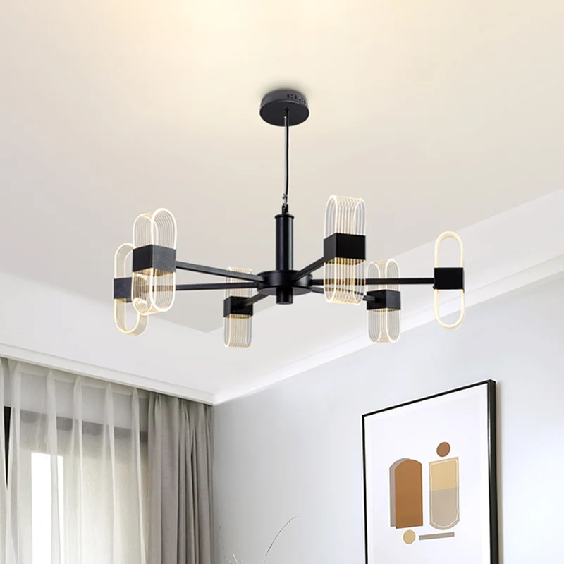 Langwerpige hanglampset Nordic metallic 6/8 koppen zwarte kroonluchterverlichting voor woonkamer | Snel Leverbaar